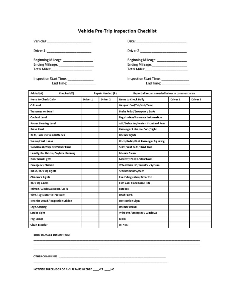 Sample Vehicle Pretrip Inspection Checklist | Vehicles | Private Transport