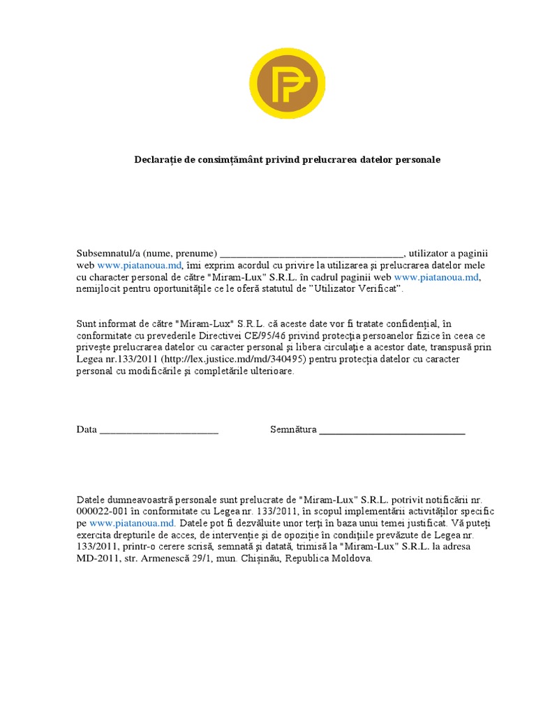 DeclaraÈ›ie De ConsimÈ›Äƒmant Privind Prelucrarea Datelor Personale Pdf