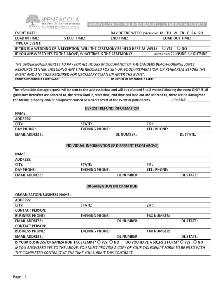 2017 Rental Contract Sanders Beach PDF Indemnity Government