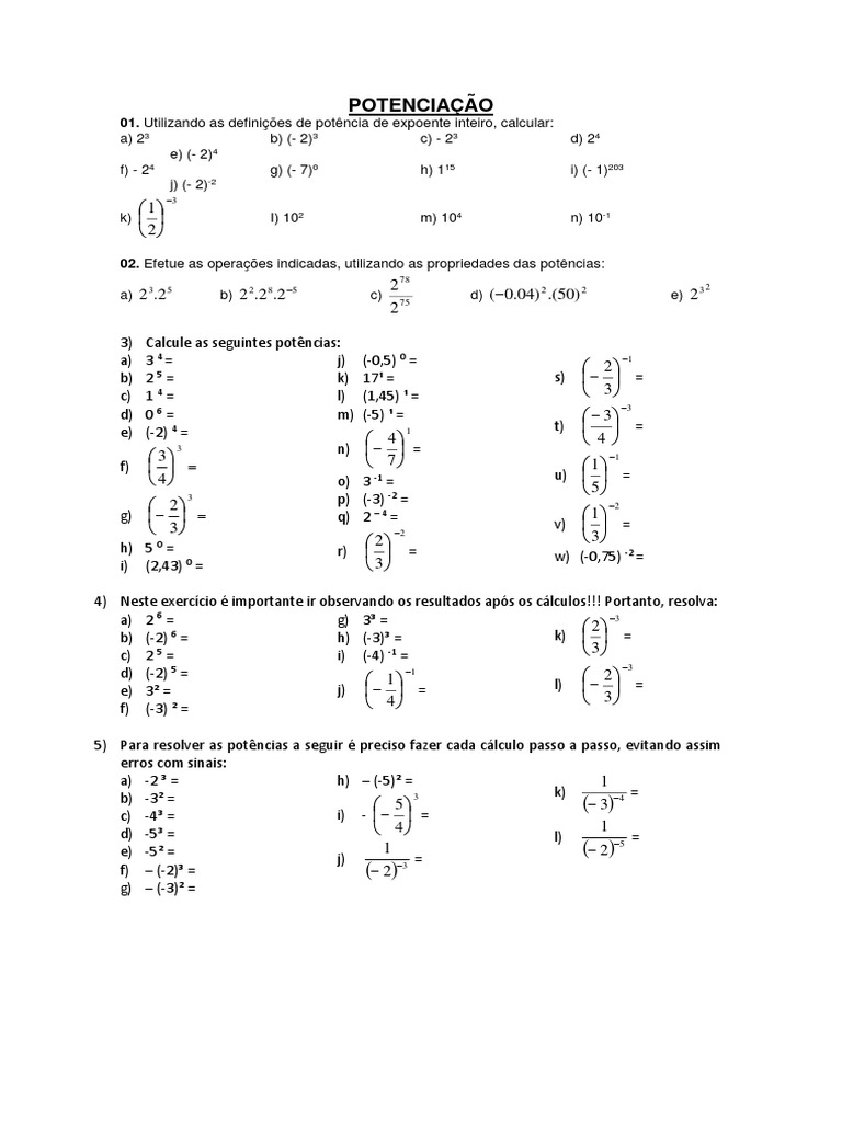 Potenciação - Exercícios | PDF | Exponenciação | Ensino de Matemática
