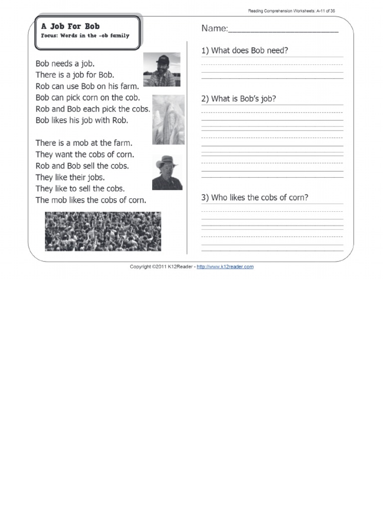 a job for bob 1st grade reading comprehension worksheet wk 11