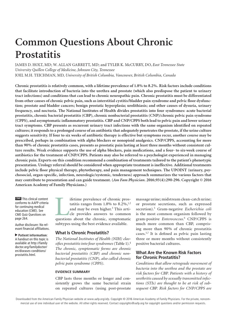 Common Questions About Chronic Prostatitis | PDF | Urology | Diseases ...