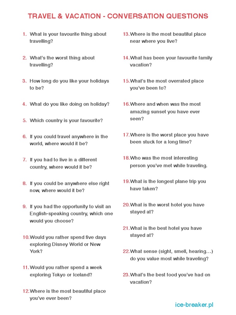 Travel and Vacation Questions | PDF | Vacation | Holiday Or Vacation