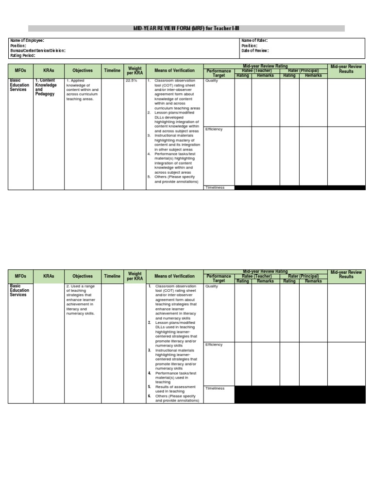 Mid Year Review Form Mrf | Lesson Plan | Teachers