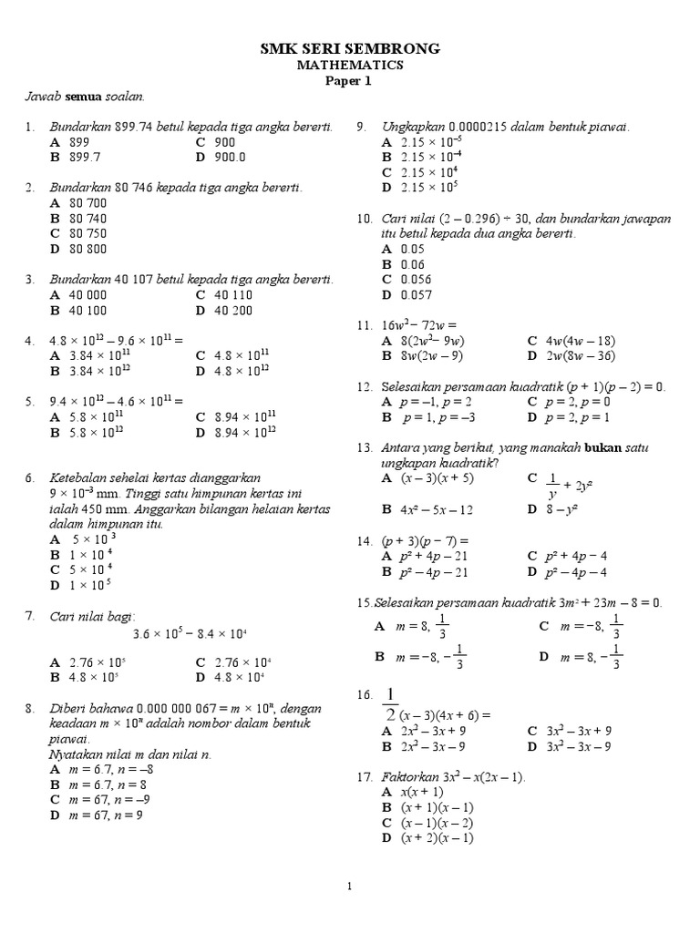 SPM Matematik Tingkatan 4 Bab 1 5 | PDF