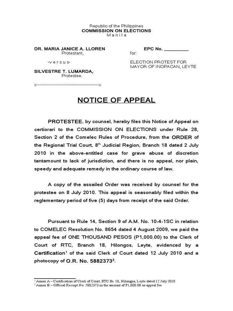 Notice of appeal pdf commission on elections philippines