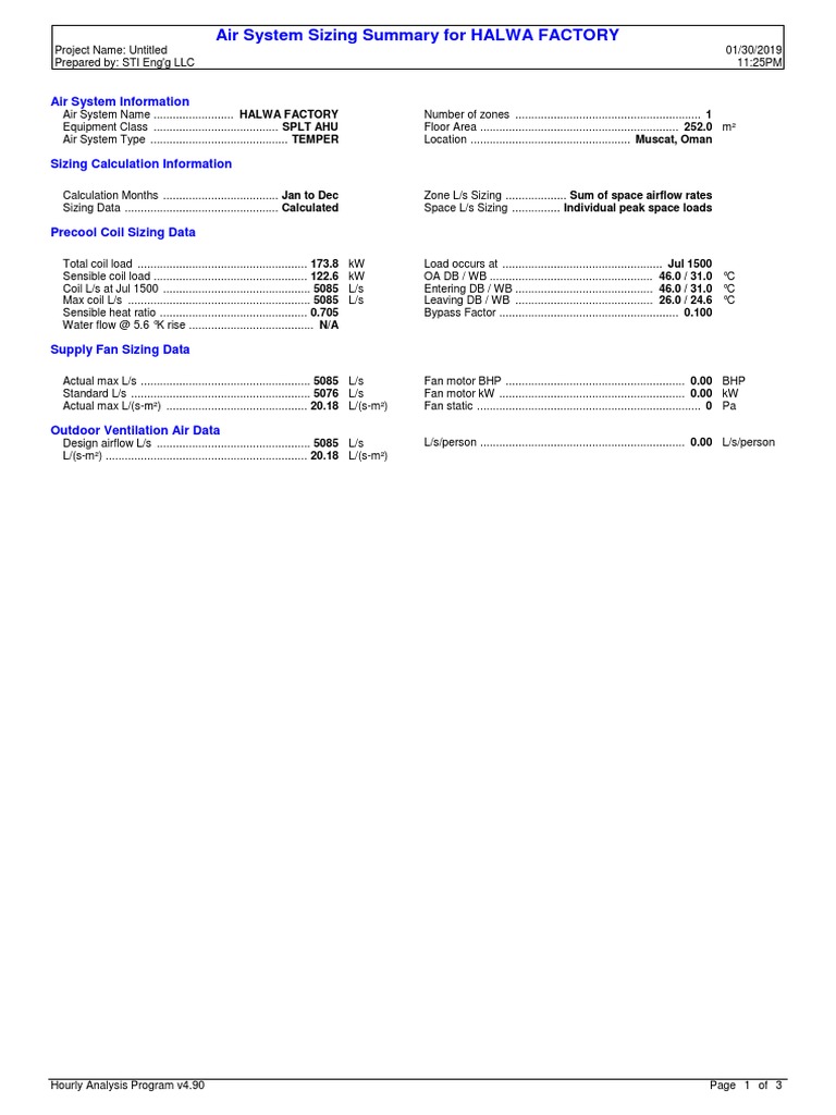Air System Sizing Summary For HALWA FACTORY | PDF | Heating ...