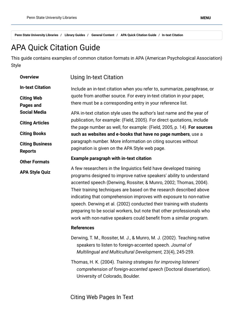 InText Citation APA Quick Citation Guide Library Guides at Penn State University PDF