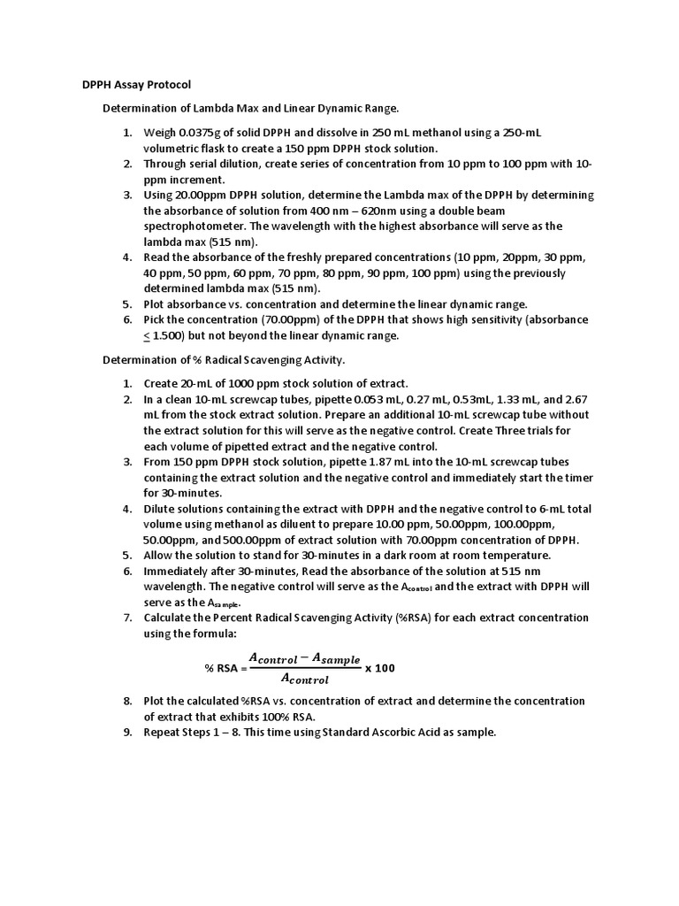 DPPH Assay Protocol Control Sample PDF UltravioletVisible