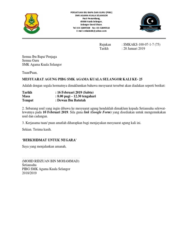 Contoh Surat Agm Pibg Pdf