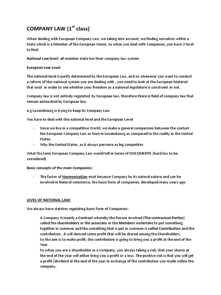 Company Law (1 Class) National Law Level All Member State Has Their Company Law System