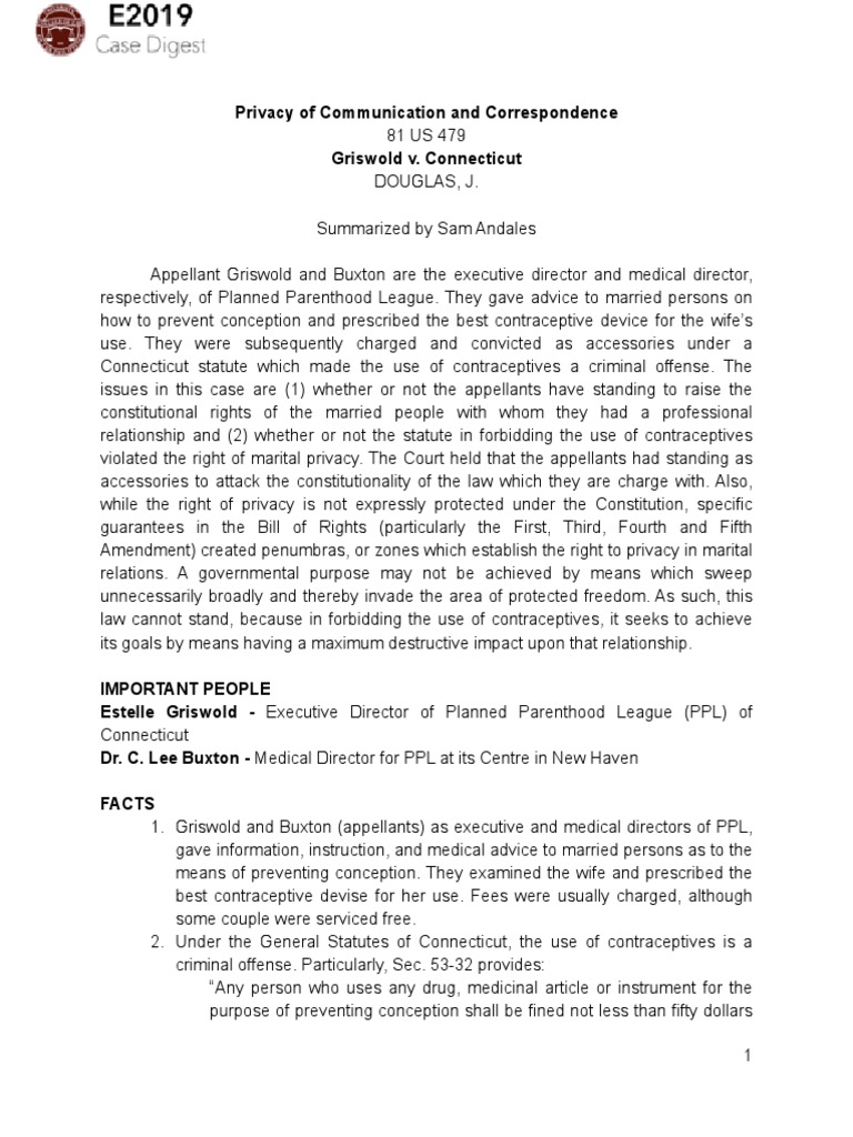 Griswold V Connecticut PDF First Amendment To The United States