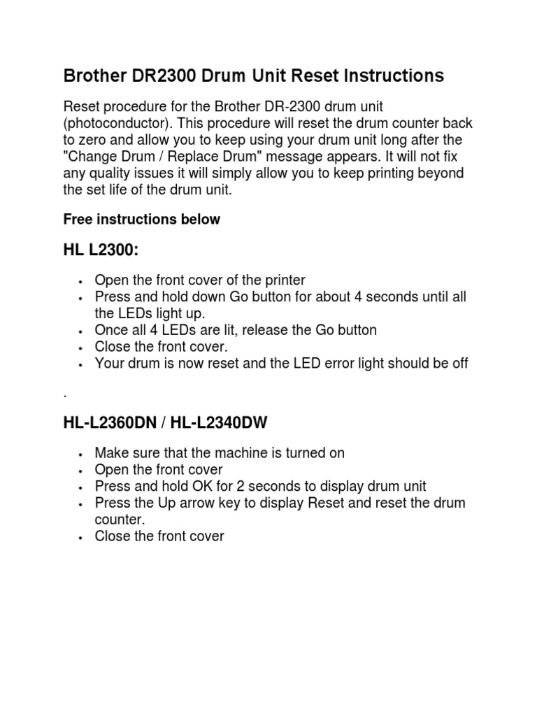 Brother DR2300 Drum Unit Reset Instructions PDF Media Technology Manufactured Goods