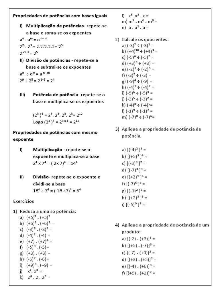 Propriedades de Potências Com Bases Iguais | PDF | Números | Matemática ...
