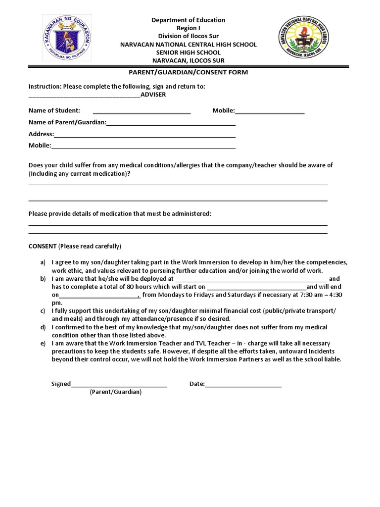 Parent Consent Form for Work Immersion | PDF