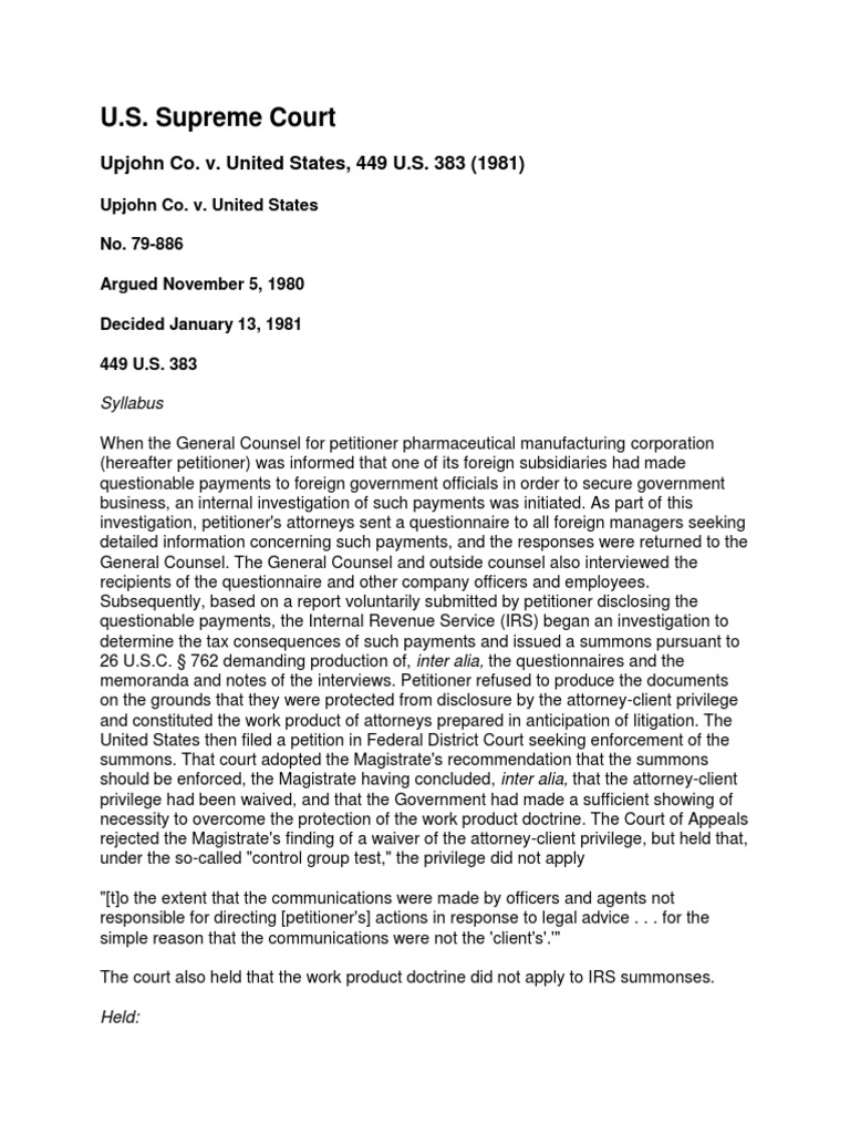 Upjohn Co. vs. U.S PDF AttorneyClient Privilege Discovery (Law)