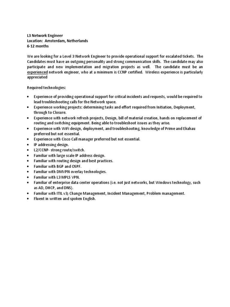 L3 Network Engineer Position in Amsterdam | PDF