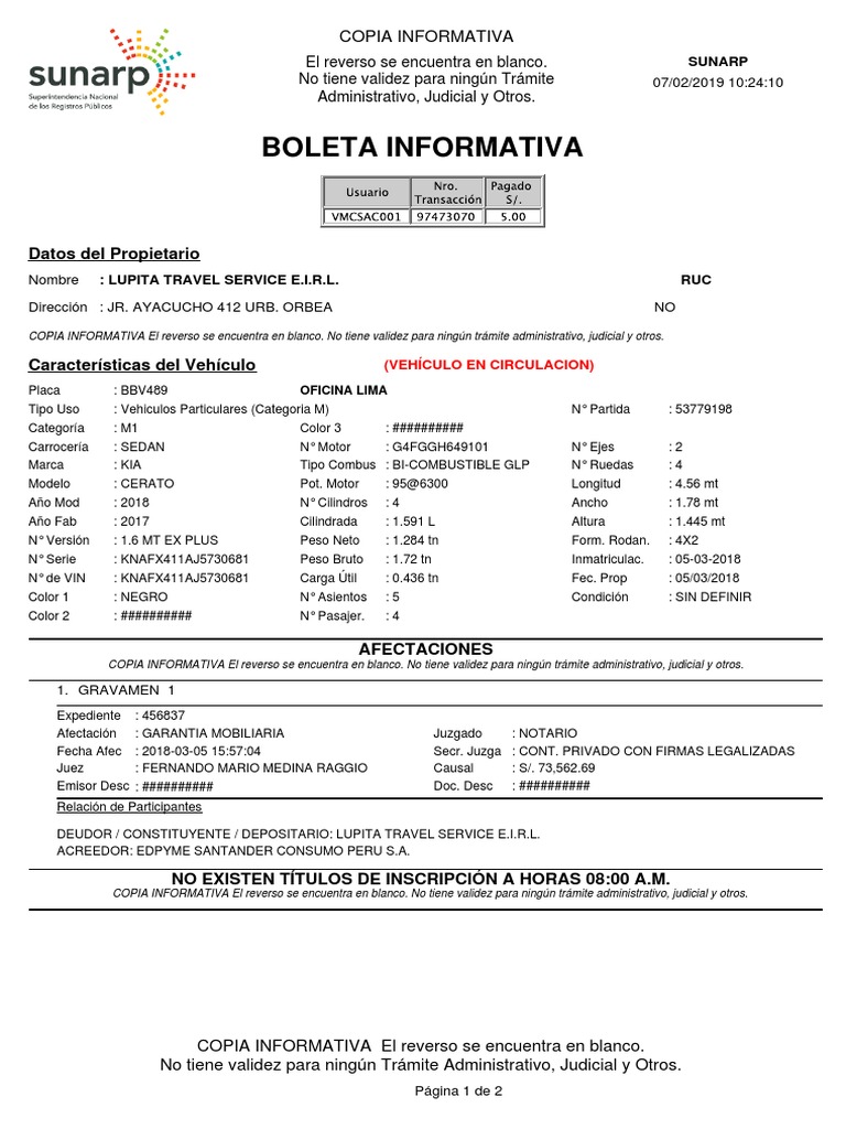 Certificado de Gravamen Vehicular vs. Boleta Informativa en SUNARP