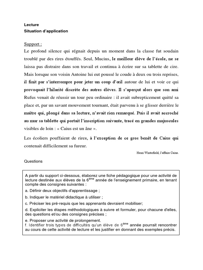 Fiche De Lecture L Affaire Caius 6eme Lecture Situation TOUMI | PDF