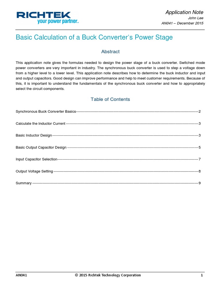 Basic Calculation of A Buck Converter 'S Power Stage Application Note