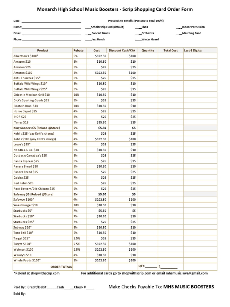Monarch High School Scrip Order Form | PDF | Retailing | Payments