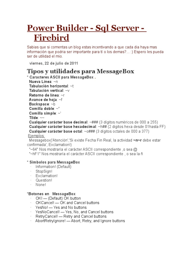 Tipos y Usos de MessageBox en PowerBuilder | PDF | Ascii | Aritmética