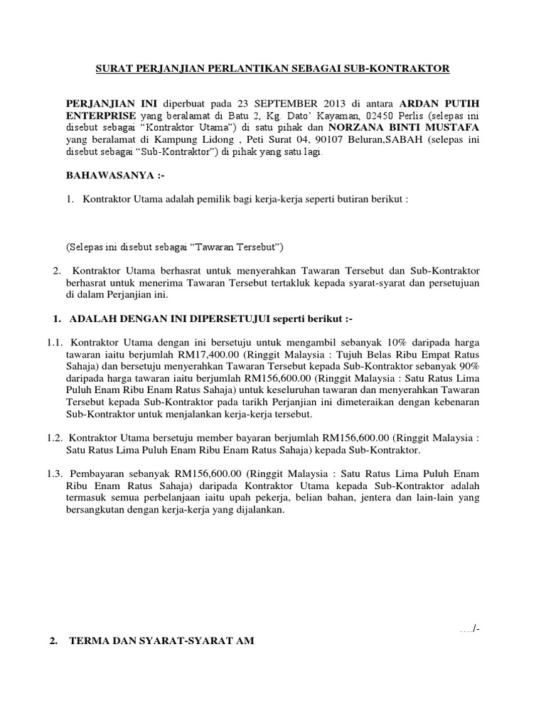 Surat Perjanjian Perlantikan Sebagai Sub Kontraktor
