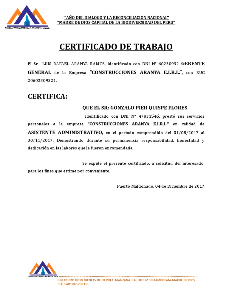 Modelo De Certificado De Trabajo En Word