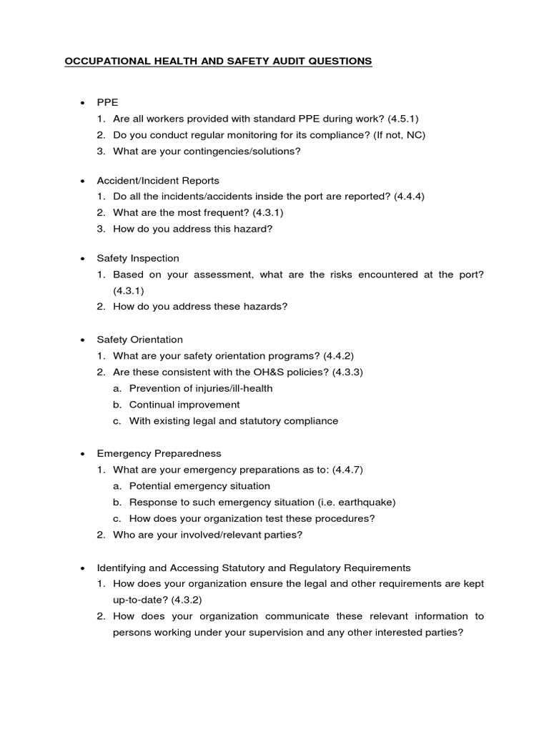 Occupational Health Safety Audit Questions | PDF | Wellness | Science ...