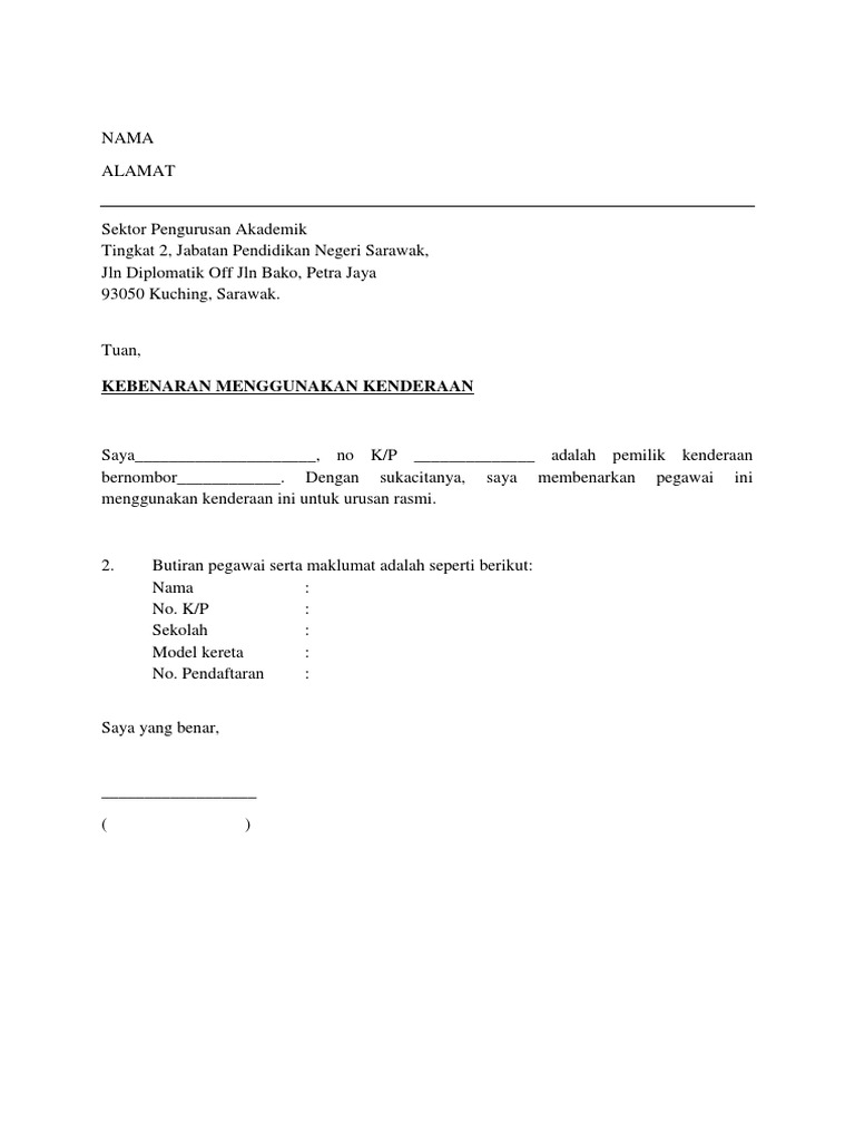 Surat Kebenaran Menggunakan Kenderaan | PDF