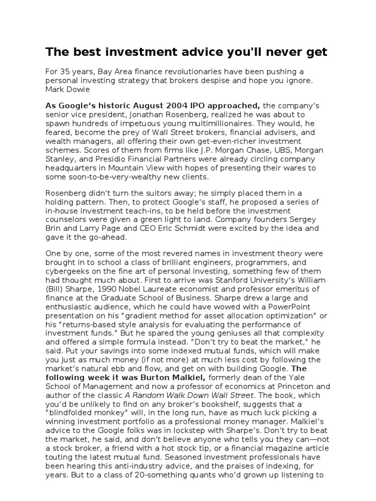 The Best Investment Advice You'll Never Get As Google's Historic