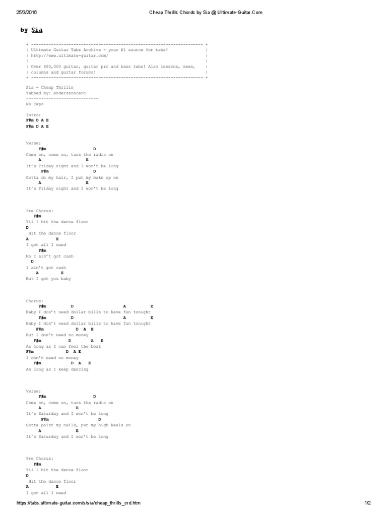 Cheap Thrills Chords by Sia at UltimateGuitar PDF Song Structure
