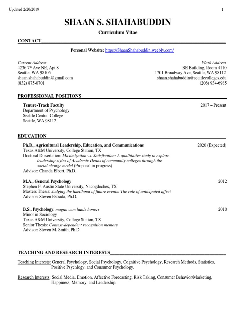 Shaan Shahabuddin CV Updated 2-20-19 | PDF | Teachers | Psychology