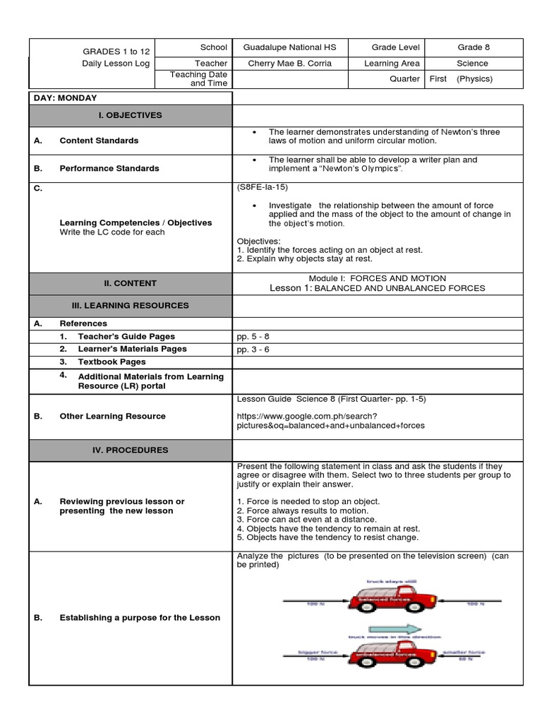 Grade 8 Science 1st Quarter DLL | PDF | Inertia | Force