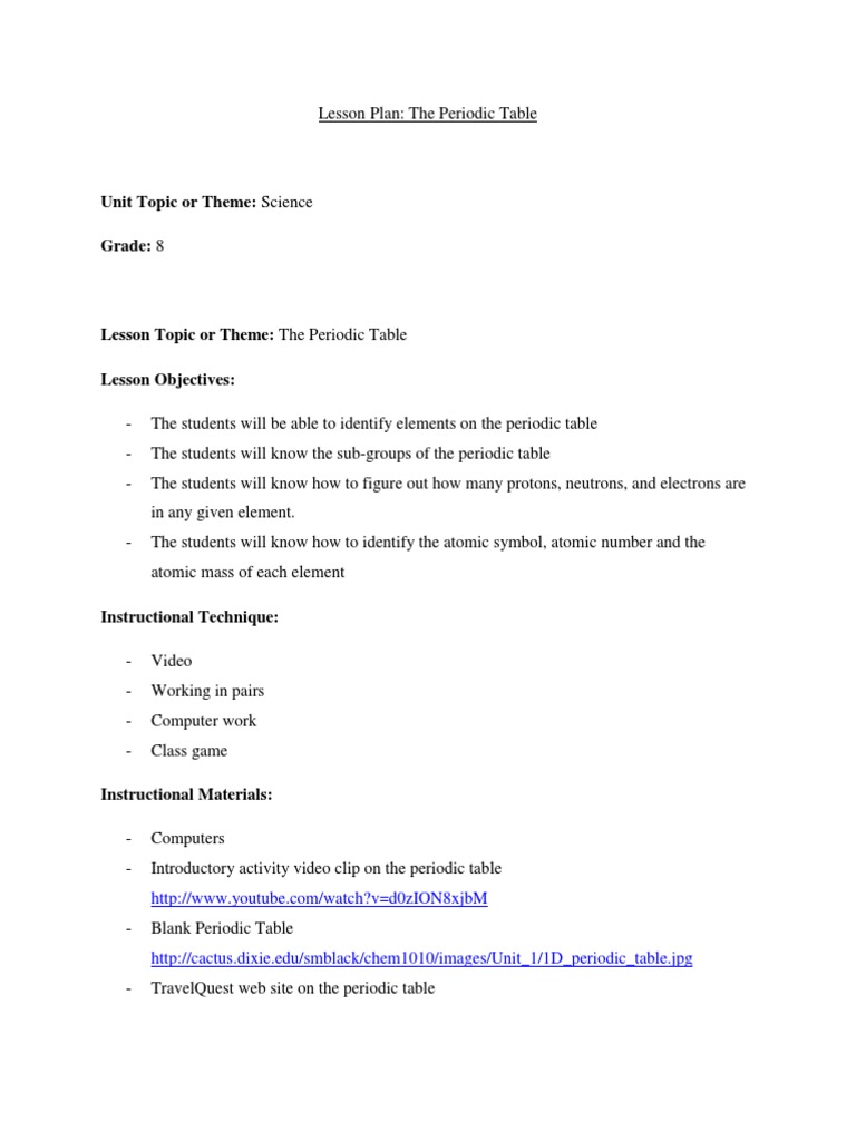 Lesson Plan Periodic Table Docx Periodic Table Chemical Elements