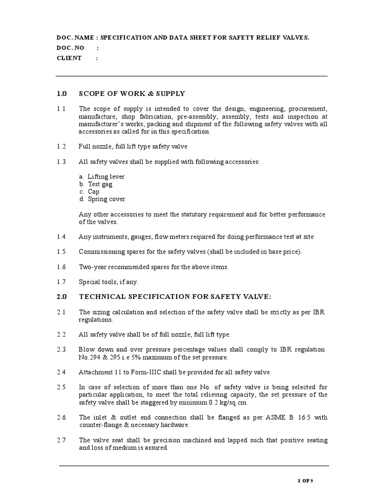 1.0 Scope of Work & Supply: Doc. Name: Specification and Data Sheet For ...