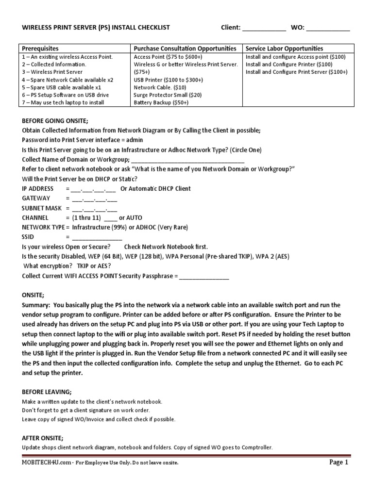 Wireless Print Server (PS) Install Checklist Client: - Wo | PDF ...