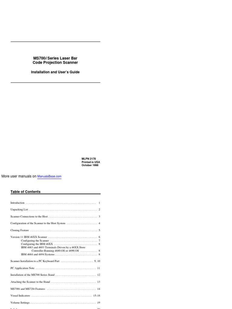 MS700i Series Laser Bar Code Projection Scanner: Installation and User ...