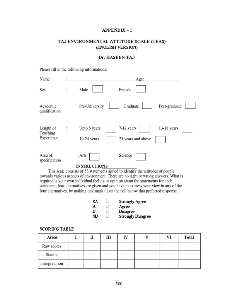Assessing Environmental Attitudes: The Taj Environmental Attitude Scale ...
