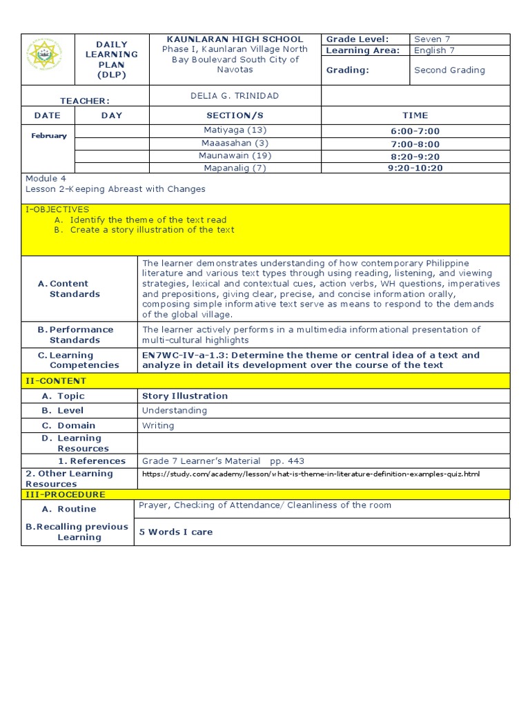 Grade 7 English Daily Learning Plan | PDF | Dream | Learning