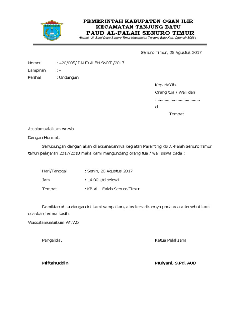 Undangan Parenting Wali Murid Pdf