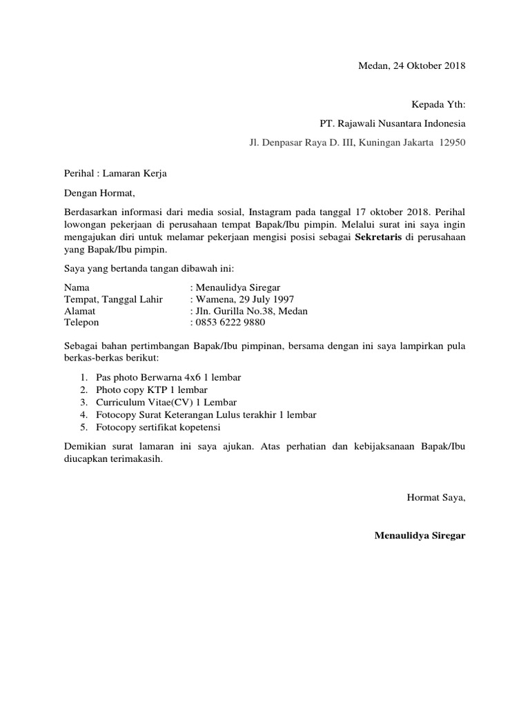 Surat Lamaran Kerja Pt Rni Docx