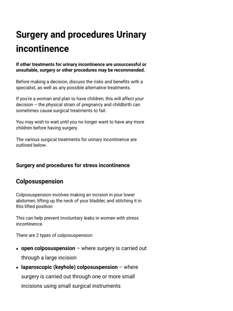 Urinary Incontinence Surgery and Procedures NHS PDF Urinary