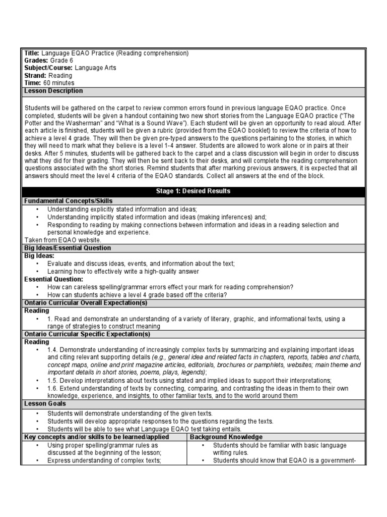 Language Eqao Lesson Plan | PDF | Reading Comprehension | Question