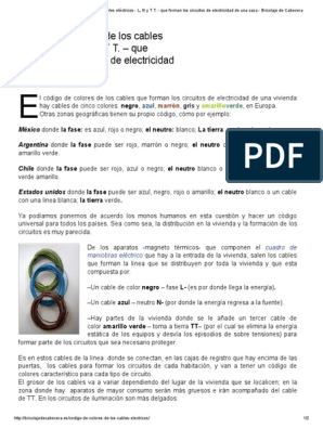 Oxido obispo víctima Código de Colores de Los Cables Eléctricos - L, N y T T. - Que Forman Los  Circuitos de Electricidad de Una Casa - Bricolaje de Cabecera | PDF |  Electricidad | Ingenieria Eléctrica