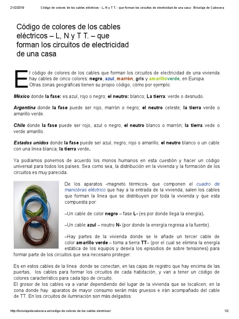 Código de Colores de Los Cables Eléctricos - L, N y T. - Que Forman Los Circuitos de Electricidad de Una Casa - Bricolaje de Cabecera | PDF | Electricidad | Ingenieria Eléctrica