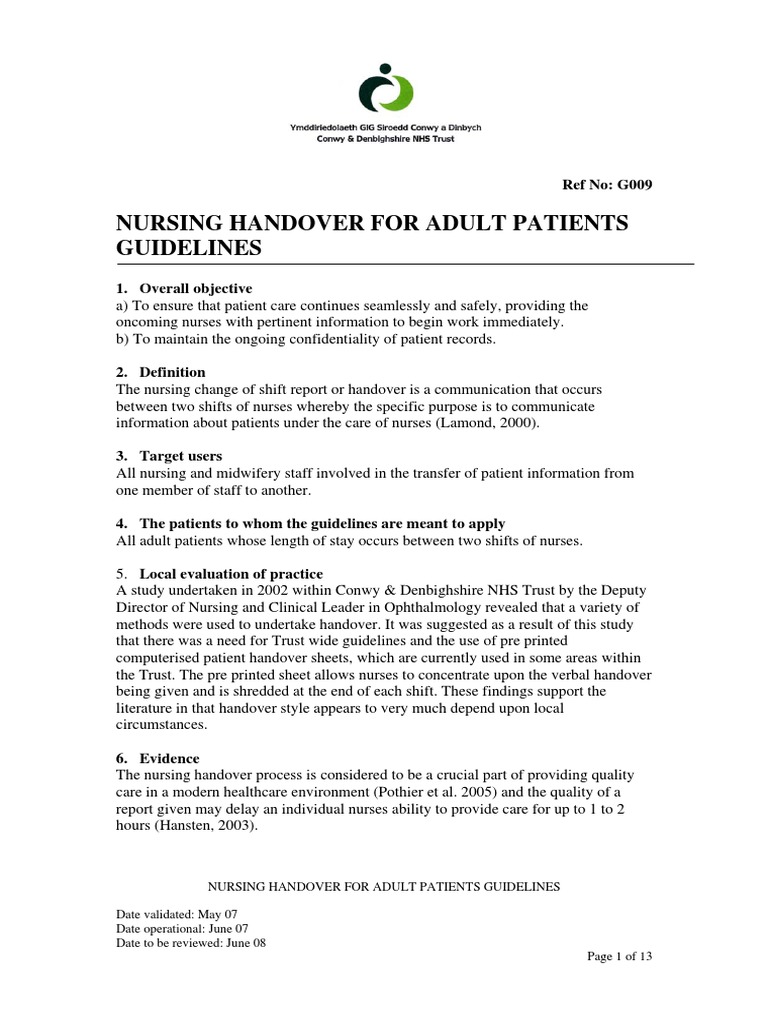 Nursing Handover For Adult Patients Guidelines Ref No G009 Nursing