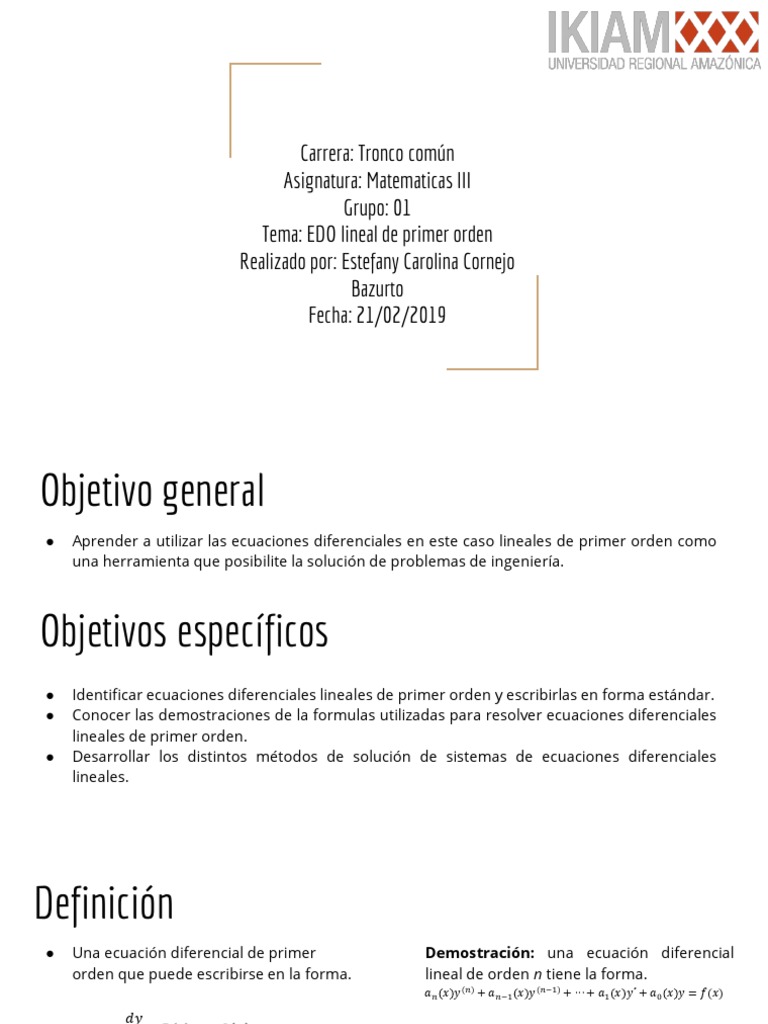 Edo Lineal de Primer Orden | PDF | Ecuaciones diferenciales | Ecuaciones