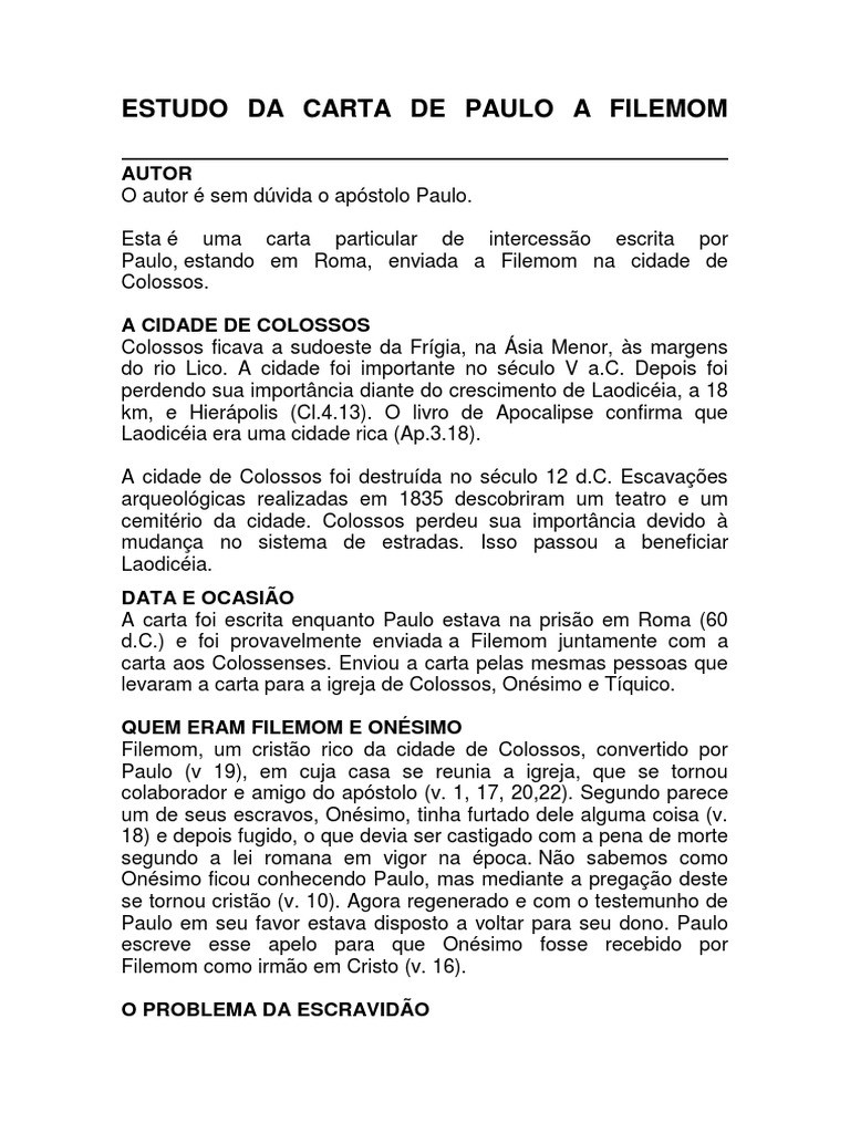 Estudo Da Carta de Paulo A Filemom PDF Epístola a Filemon Apóstolo Paulo