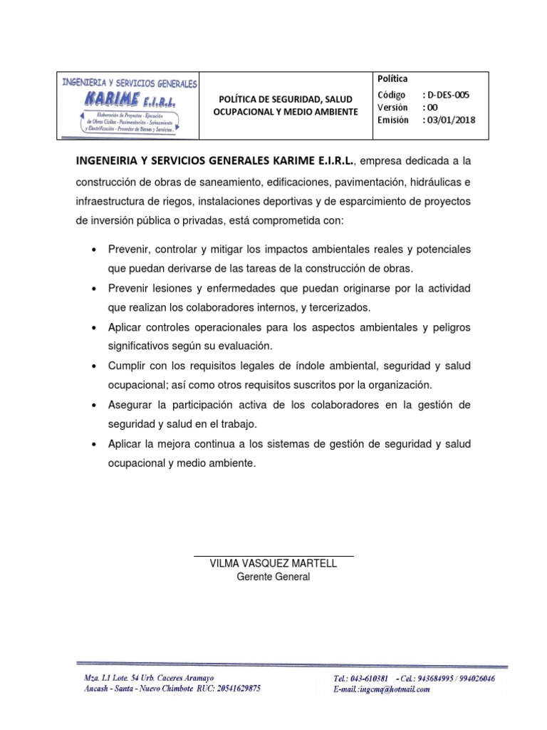 L5. Política de Seguridad, Salud Ocupacional y Medio Ambiente | PDF